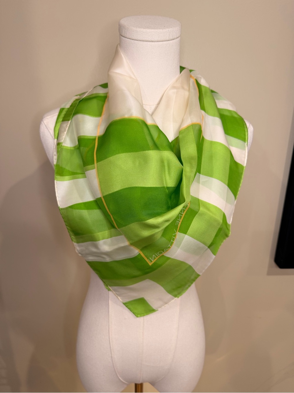 Vintage Adrienne Vittadini Green and White Striped Silk Scarf